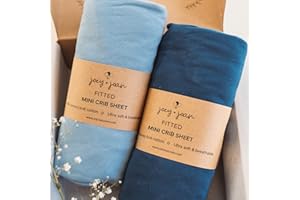 JOEY + JOAN Mini Portable 24x38 Fitted Crib Sheets – Compatible with Dream on Me, Delta Porta Crib and Arms Reach Ideal Cosleeper – 100% Jersey Cotton – Dusty Blue + Navy – 2 Pack