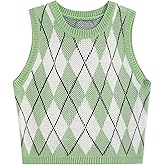 Floerns Women's Sleeveless Round Neck Argyle Pattern Sweater Vest Knit Crop Top