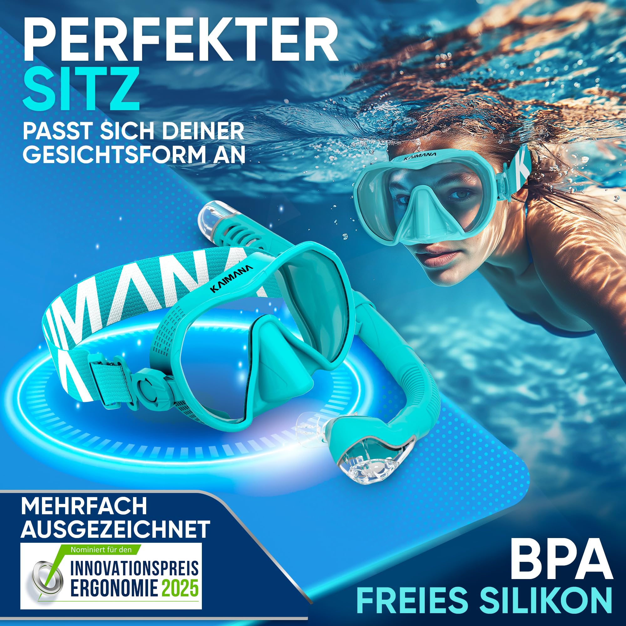 Das Neue KAIMANA® AquaVision Prolite Schnorchelset für Erwachsene inkl. Tragetasche, Bequeme Taucherbrille Erwachsene, Alternative zur Schnorchelmaske, Taucherbrille mit Stoffband/Silikonstrap 2