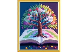 Artxfovy Stamped Cross Stitch Kits Beginners Full Range of Embroidery Starter Kits for Adults Printed Cross Stitching DIY Needlepoint Kit 11CT- Colorful Tree Book 15.7x19.7 inch