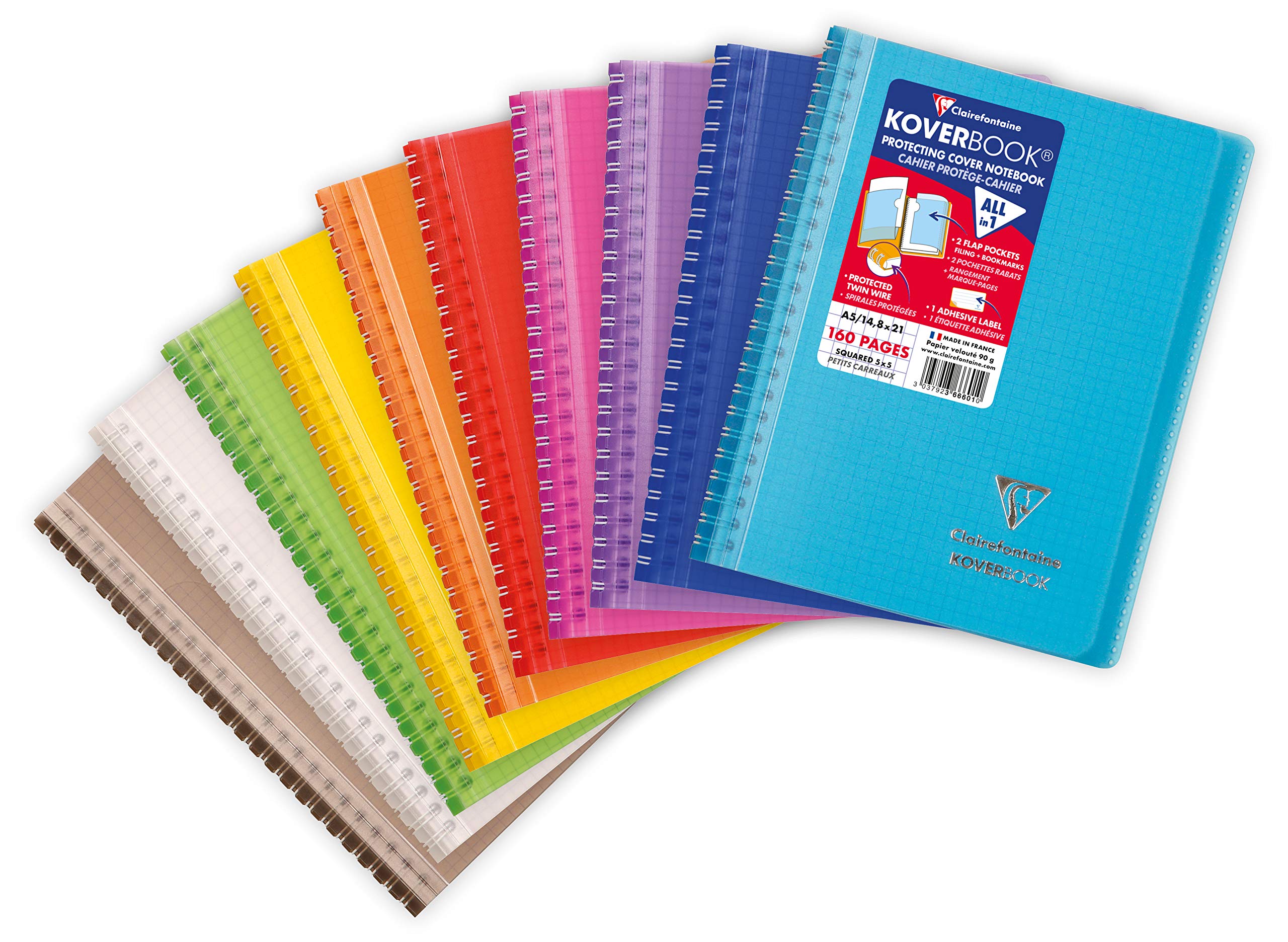 Clairefontaine 366601C - One Koverbook Spiral Notebook - A5 14,8x21 cm - 160 Small Square Pages - 90 g White Paper - Polypro Wrap Cover - Random Colour