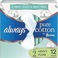 Always Pure Cotton Feminine Pads for Women, FlexFoam Pads with Wings, Size 2, Heavy Absorbency, Unscented, 12Count