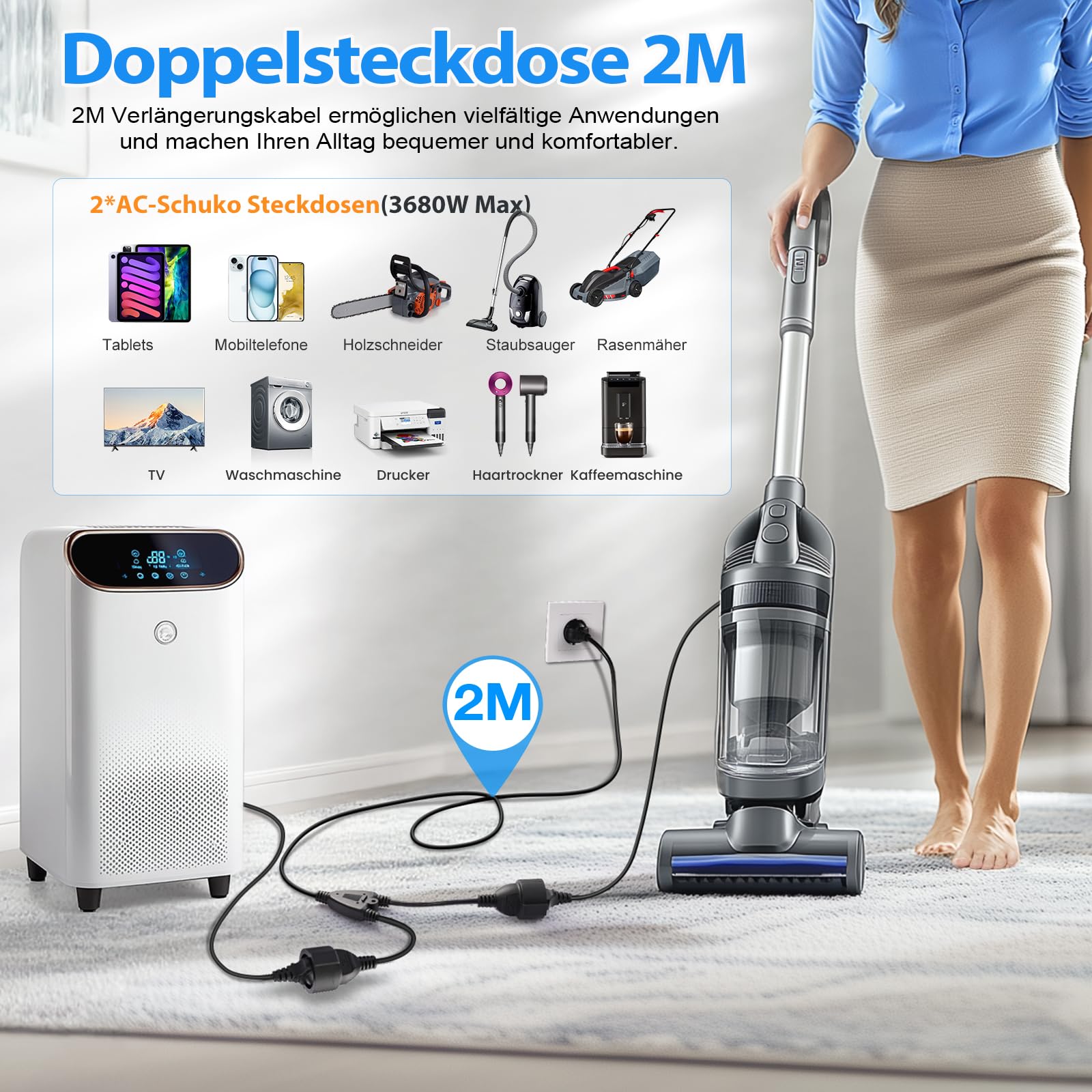 Verlängerungskabel Doppelstecker für Steckdose 2m, Schuko Mehrfachstecker 2 Fach Steckdosen 2er Steckdosenadapter 3680W Verlängerung Doppelsteckdose Außen für Zuhause, Büro Außenbereich Schwarz 2