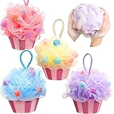 Reallnaive 4 Pcs Cupcake Bath Loofah Sponge Cartoon Body Scrubber Loofah Soft Mesh Exfoliating Bath Scrubber Shower Ball for Shower Sponge Gifts Exchange Birthday Party