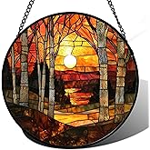 JOSUMALY Stained Glass Window Hanging, Orange Red Landscape Forest Lake Moon Suncatcher for Doors Window Home Sun Catchers Decor Mother's Day Birthday Gifts for Women Men Mom 7.8 in