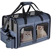 Cat Carrier for 2 Cats,Double Cat and Dual Dog Carrier Cabin for Two Pets | Small to Medium Size, Foldable,2 Front Zippered Compartments, for Outdoor Travel,Mulitple Cat Carrier, Grey