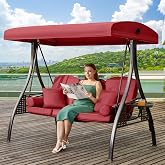 Yalissey 3 in 1 Outdoor Porch Swing with Adjustable Canopy, 3 Seat Outdoor Swing for Adults, Patio Swing Chair with Thickened Cushions,Pillows &amp; Cup Holders for Backyard, Porch, Garden (Wine Red)