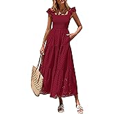PRETTYGARDEN Womens Summer Square Neck Maxi Dresses Cap Sleeve Eyelet Smocked Tiered A Line Flowy Long Dress with Pockets