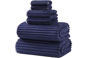 XIQ 39x79 Inches Extra Large Bath Sheets Towels for Adults Super Soft Luxury Ultra Absorbent Striped with Hanging Loop Microfiber Shower Towels 2 Hand Towels 2 Washcloth Towels (Navy Blue, 6PCS)