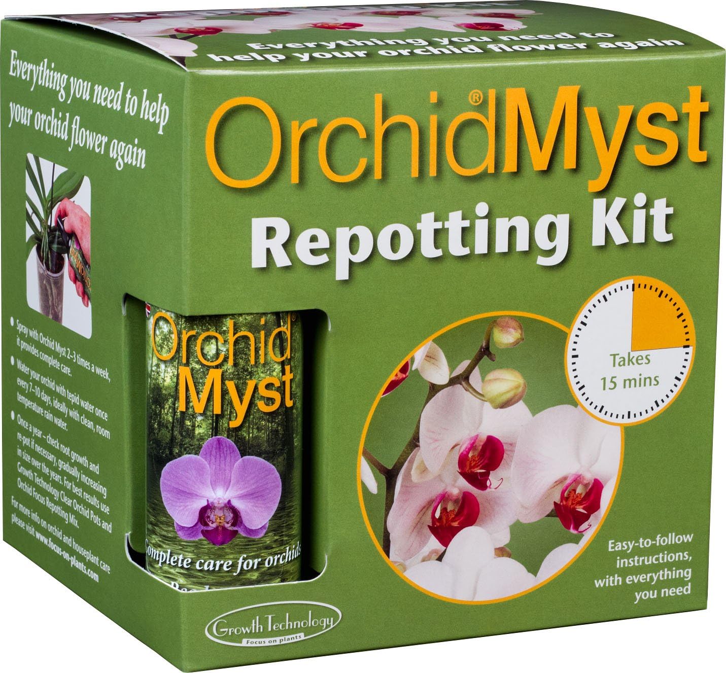 Orchid Myst Repotting Kit by Growth Technology. 13cm Pot and Bark and Orchid Spray - Suitable for All Orchids
