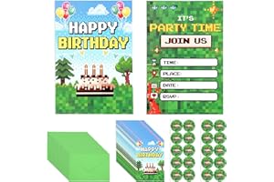 SAVITA 20pcs Pixel Theme Happy Birthday Invitation Cards, with Envelopes & Stickers Video Game Party Invitations for Boys & G