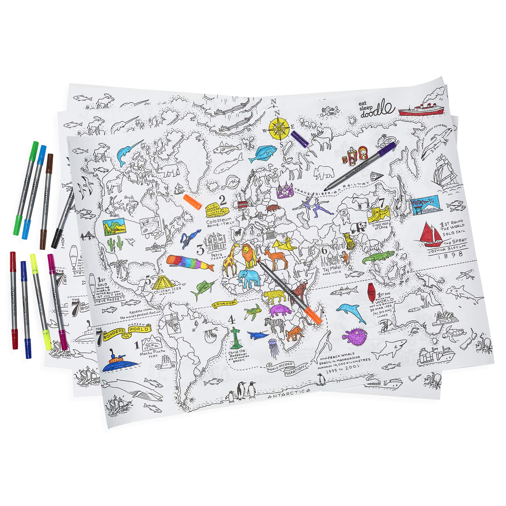 eatsleepdoodle World Map Colouring Wrapping Paper - 3 Large Sheets to Use as an Educational Colour-in Activity or Giftwrap - World Map to Colour