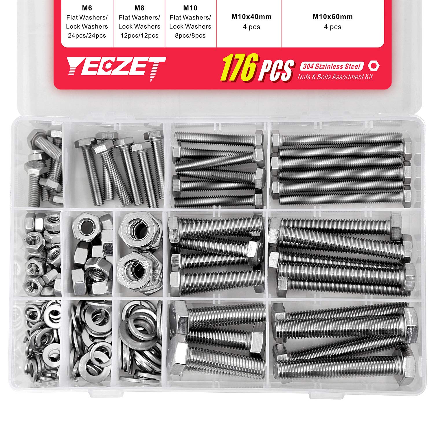 YEEZET 44 Pieces M6 M8 M10 304 Stainless Steel Hex Bolts, Washers, Spring Washers & Nuts Assortment Kit