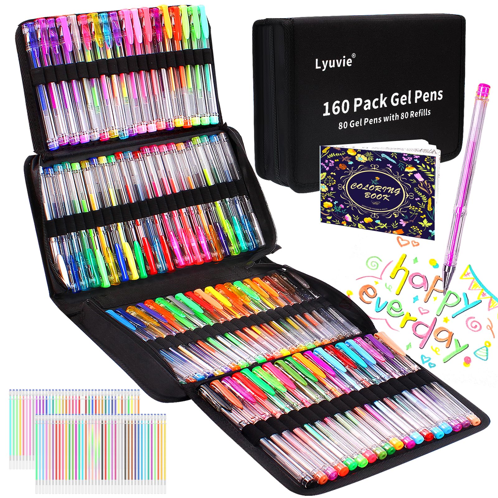 Lyuvie 160 Pack Glitter Gel Pens Set,80 Coloured Gel Pens with 80 Glitter Refills & 1 Adult Colouring Books for Writing Drawing Doodling Crafts Scrapbooking Journaling