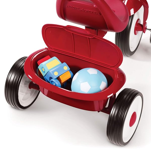 RADIO FLYER 411S KIDS TODDLER READILY ASSEMBLED ADJUSTABLE BEGINNER TRIKE TRICYCLE BIKE WITH STORAGE BIN AND HANDLE STREAMERS, RED