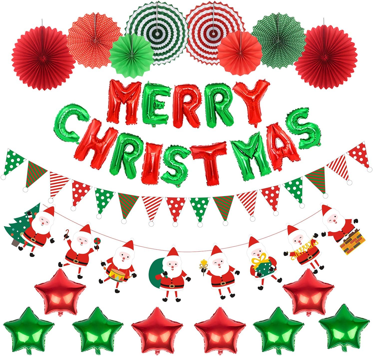JNK Christmas Decorations Kit Xmas Decor Indoor Home Wall Santa Claus Banner Star Foil Balloon Folding Paper Fans Hanging Christmas Décor for Party Office