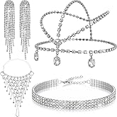 Chicingyou 4 Pcs 1920s Rhinestone Silver Jewelry Set for Women Glitter Head Chain Dangle Earrings Crystal Choker Necklace Hand Chain for Wedding Party