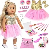 Ecore Fun 19-Piece 18 Inch Doll Clothes & Makeup Set with Dress Cosmetic Bag Brushes Eye Shadow Blushers Hairclip Hair-Ties Combs Mirror Nail File Accessories, Gift for Ages 3+