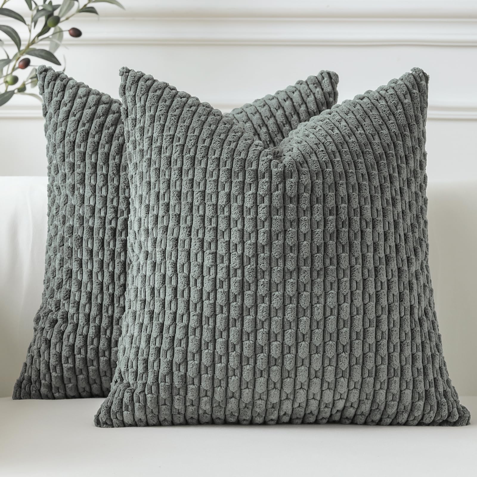Sungeek Set of 2 Dark Grey Soft Corduroy Decorative Cushion Covers Boho Striped Throw Pillow Covers for Sofa Couch Living Room Patio Farmhouse Home Decor Pillowcases 55x55cm