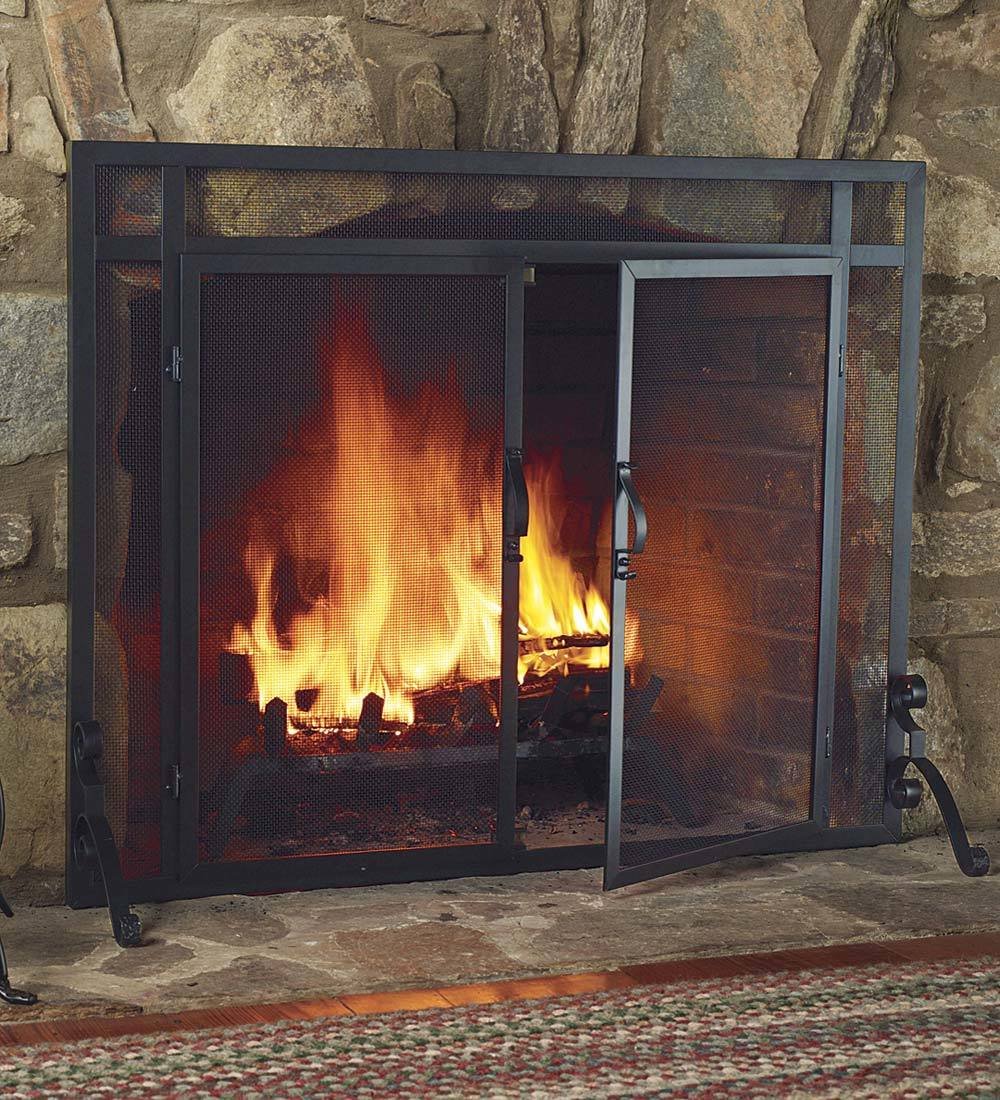 Small Flat Guard Fireplace Screen with Doors, Handcrafted Solid Steel, Heavy Duty Metal Mesh, Adjustable Feet, Powder Coat Finish, Free Standing Spark Guard 39 W x 31 H, Black