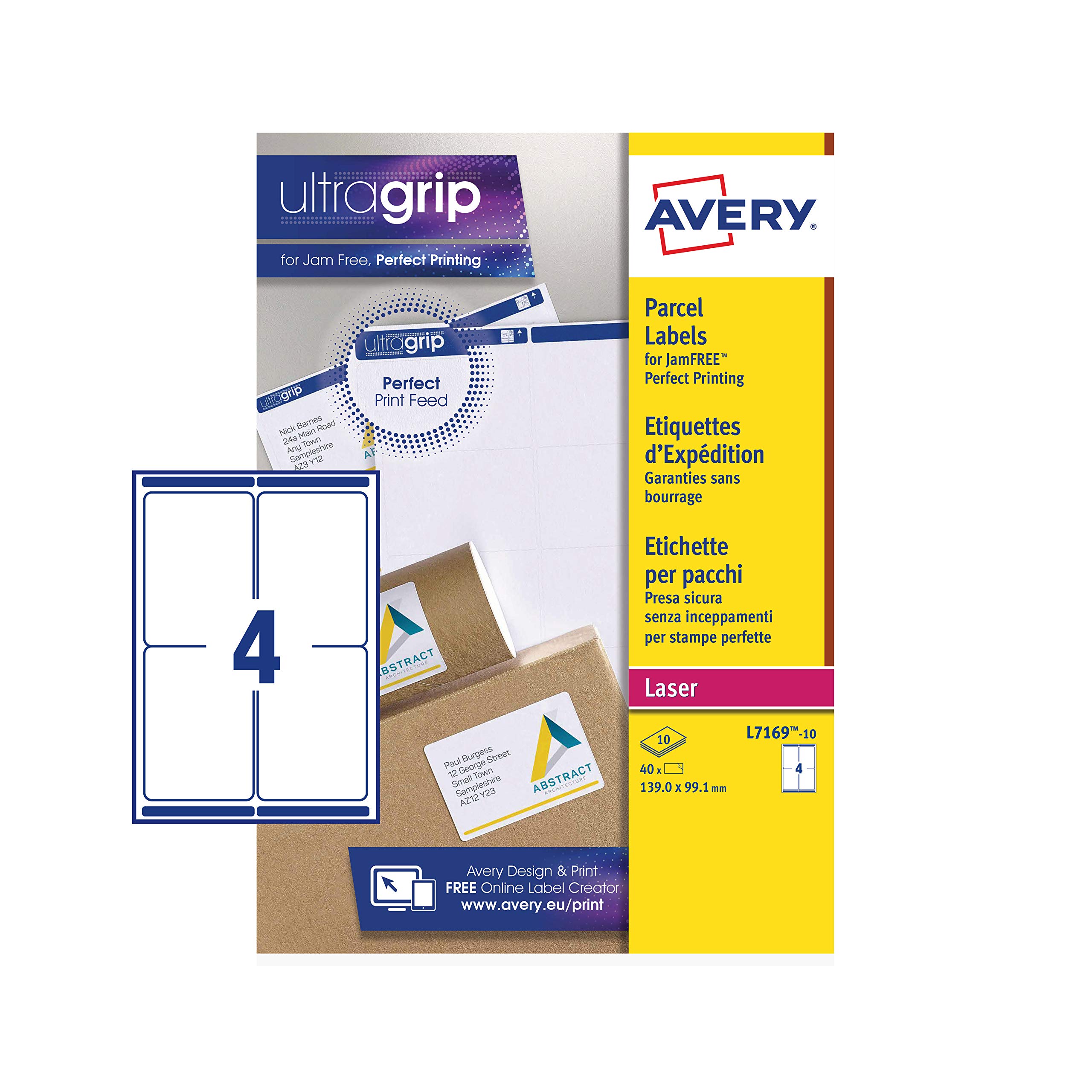Avery JamFREE, Printable, Parcel Labels, FSC Certified, 139 x 99.1mm, White, 4 per Sheet, 40 Blank Labels per Pack (L7169)