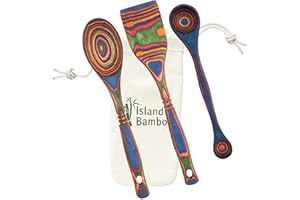 Island Bamboo Rainbow Pakkawood Baking Set – 3 Piece Kitchen Bakeware Set with Spoon, Spatula, & Double-sided 1 TBS & 1 tsp Measuring Spoon, Gift Bag Included, Eco-friendly Utensils for Housewarming