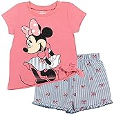 Disney Minnie Mouse Rainbow Floral T-Shirt and Chambray Shorts Outfit Set Infant to Big Kid Sizes (12 Months - 14-16)