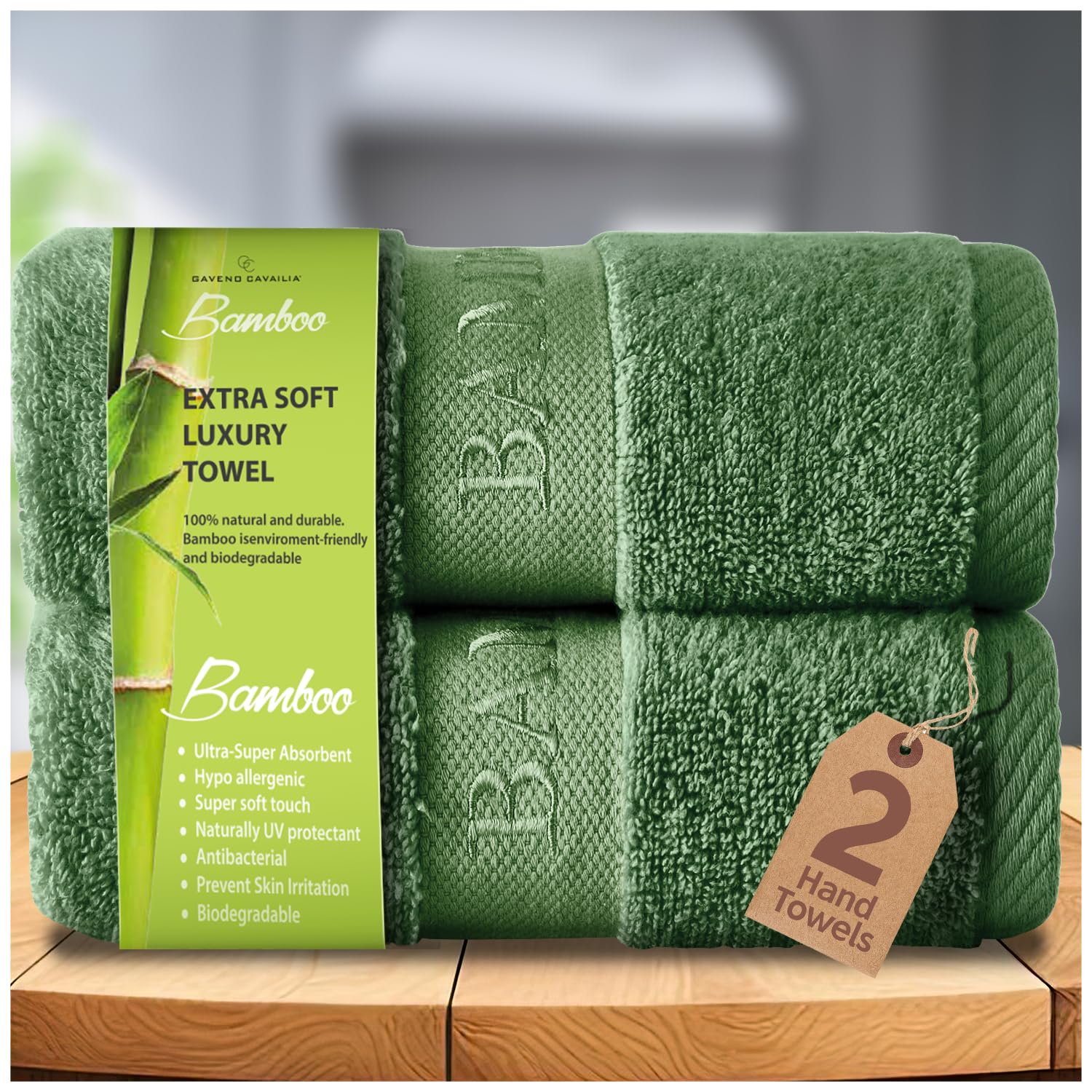 GC GAVENO CAVAILIA Bamboo Hand Towels 2 Pack - 500 gsm Highly Absorbent Towels For Bathroom (50x80 Cm) - 60% Bamboo, 40% Cotton Towels Bale Extra Soft - Green