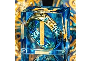 OUKELANWO Magic Lord Rings DND Dice Set with Box, 7Pcs LOTR D&D Dice Set for Role Playing Game, Blue and Gold Polyhedral Sharp Edge Resin Dice D20 D12 D10 D8 D6 D4