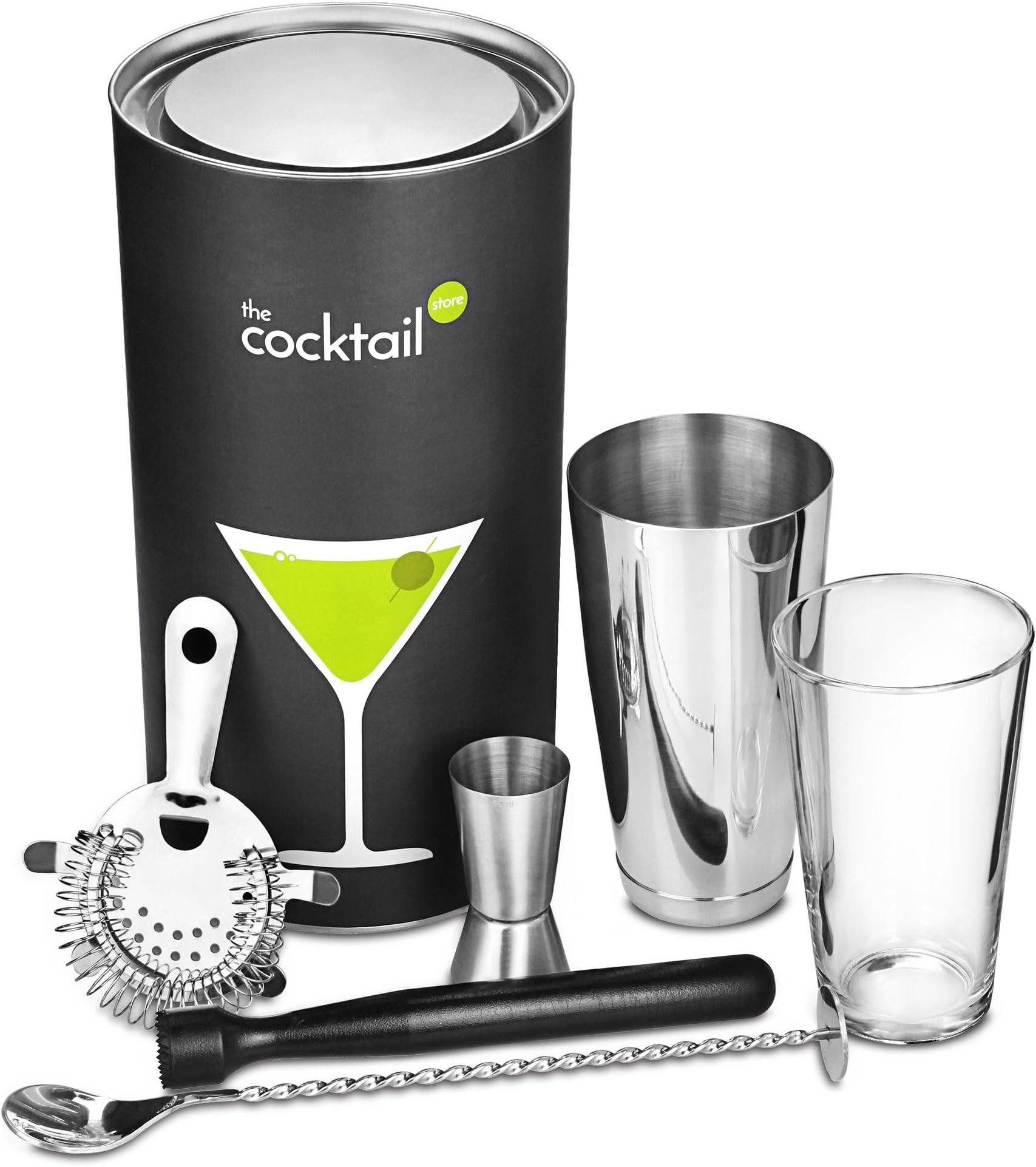 Cocktail Store The Boston Cocktail Gift Set | Cocktail Making Set with Boston Cocktail Shaker, Muddler, Mixing Spoon, Cocktail Strainer & Jigger Measure