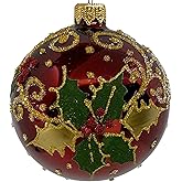Holly Leaves and Berries Ornament - European Mouth-Blown Glass Ball Holiday Christmas Tree Decoration, Dark Red