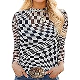 Urchics Womens Mock Neck Mesh Tops Western T Shirts Long Sleeve Layering Tops See Through Trendy Outfits Going Out Tops