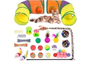 Retro Shaw Cat Toys 33 Pack,Interactive Kitten Kitty Toys with Collapsible Cat Tunnel Tube Tent Springs Bell Ball Mice Feather Toy