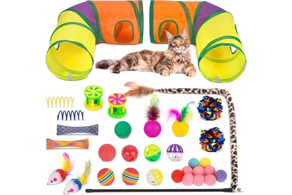 Retro Shaw Cat Toys Set 33 Pack, Cat Play Tunnel for Indoor Cats Kitty, Kitten Toys Include 2 Collapsible Cat Tunnels Tube Te