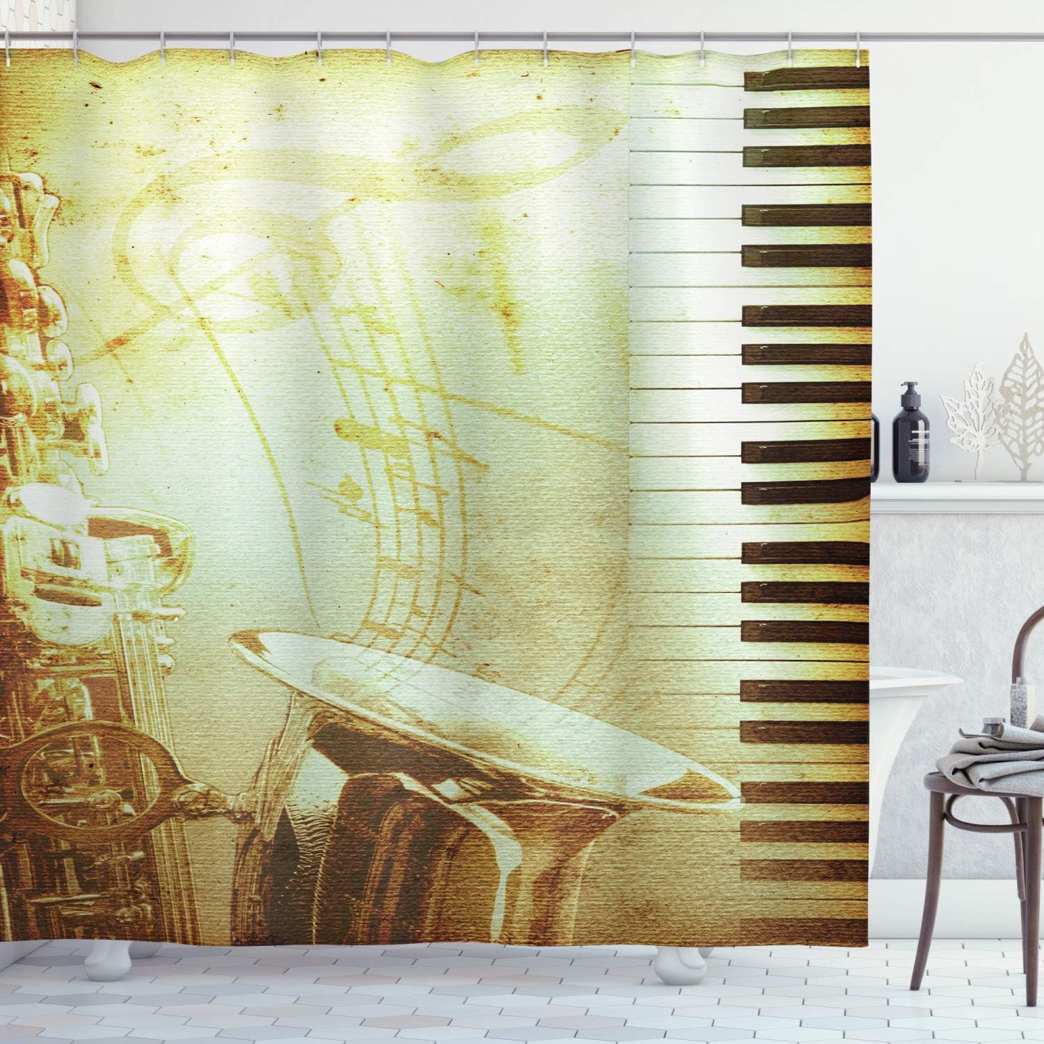Ambesonne Music Shower Curtain, Print of Piano Keys on Background with Music Notes Image Nostalgia Jazz Theme, Cloth Fabric Bathroom Decor Set with Hooks, 75
