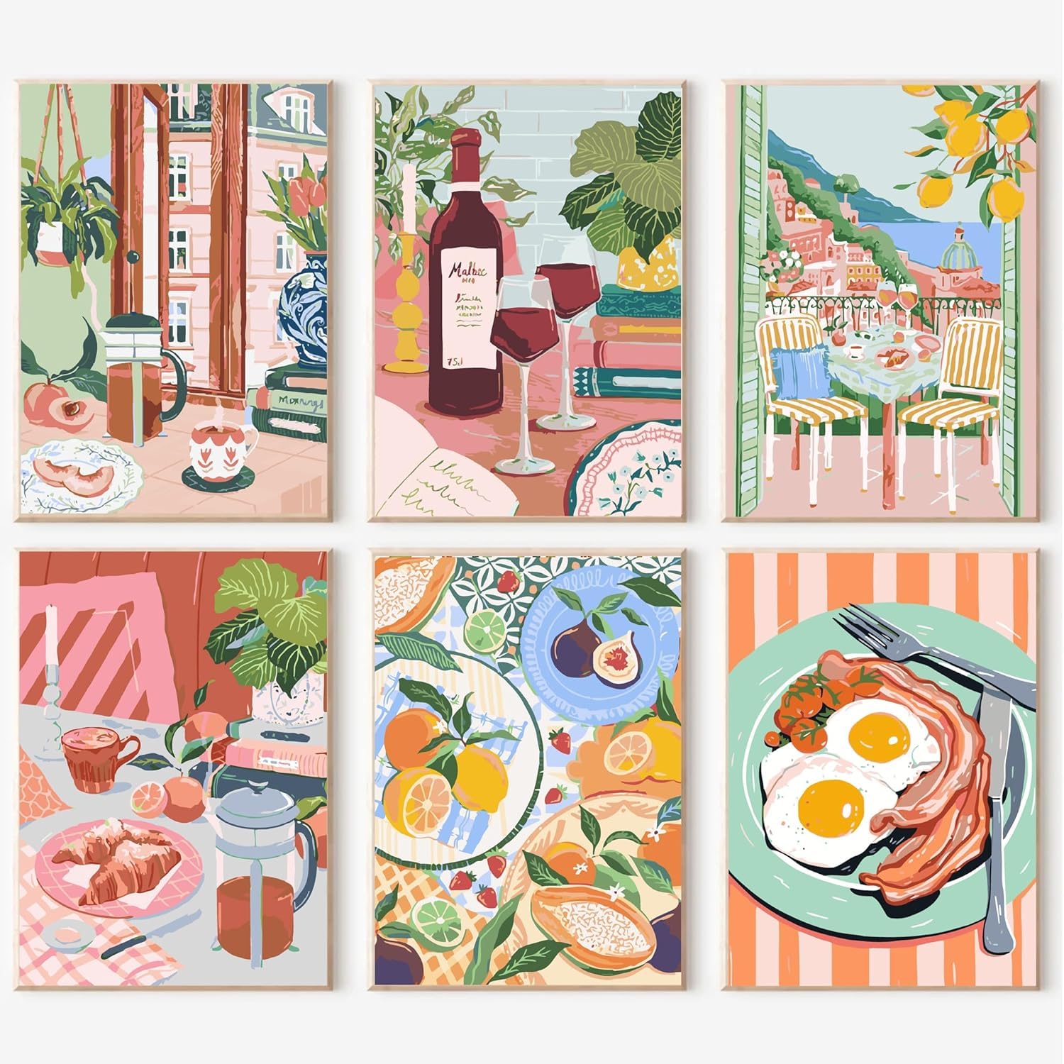 KAOVCXR 6 Pack Paint by Numbers for Adults, Painting Kits for Beginners On Clear Colored Canvas,Food DIY Acrylic Oil Painting by Numbers Kits on Canvas Table 20x30CM/8x12in (no Frame