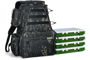 Rodeel Trout Tackle Backpack 2 Fishing Rod Holders with 4 Tackle Boxes, Large Storage for Outdoor Sports Camping Hiking