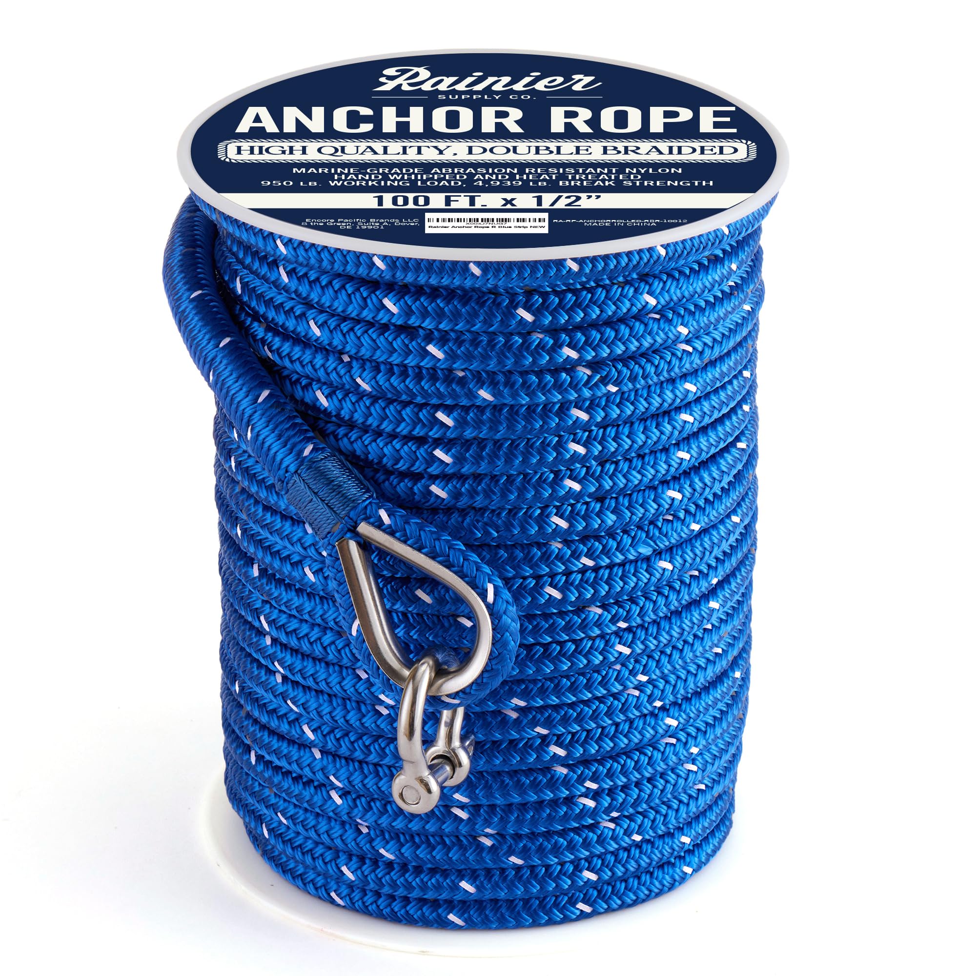 Photo 1 of RainierSupplyCo Boat Anchor Rope - Double Braided Marine Rope Anchor Line - 100 ft x 1/2 Inch Nylon Boating Line with 316 Stainless Steel Thimble and Heavy Duty Marine Grade Bow Shackle - Royal Blue