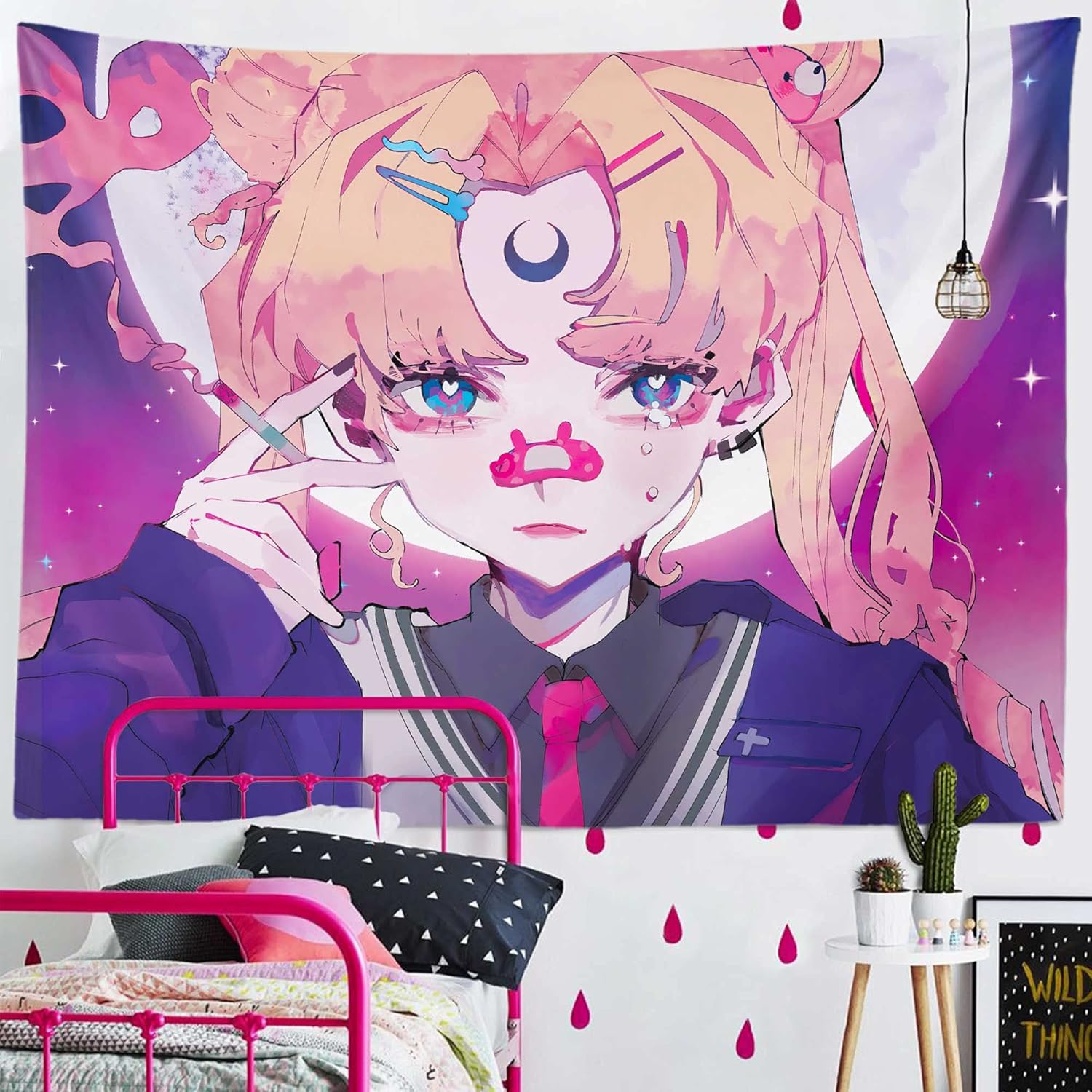 Jinxy Japanese Anime Manga Pink Tapestry Sailor Moon Tapestry Lovely Girl Wall Hanging for Party Bedroom Living Room Home Decor