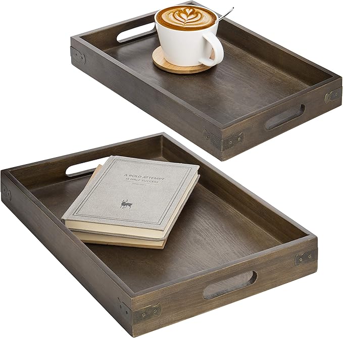 MyGift Rustic Brown Wooden Nesting Breakfast Serving Trays