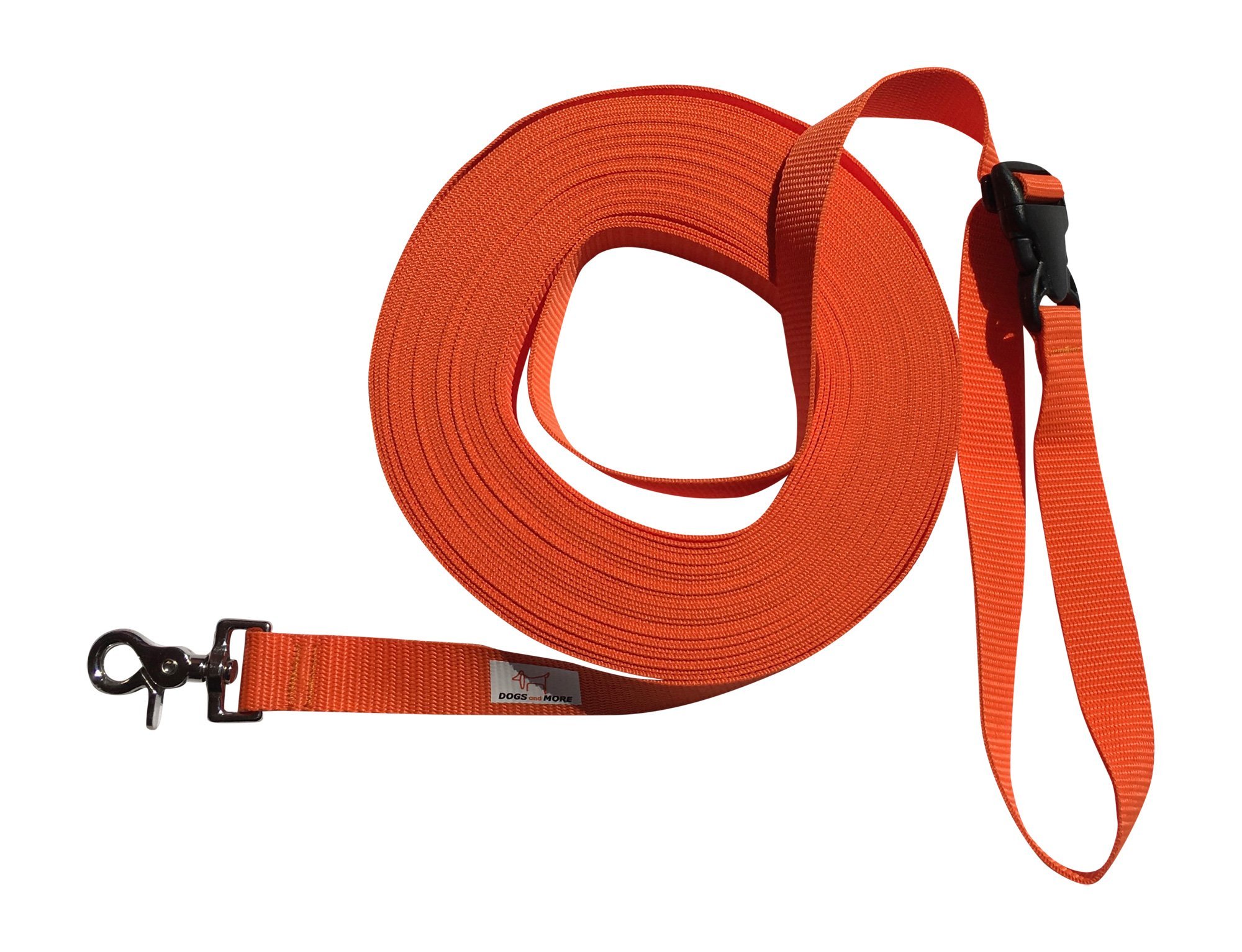 DOGS and MORE – EXTENDABLE Tracking / Training / Recall Leash with RELEASABLE wrist strap - 15 meter / 49 feet (Orange, 25 mm wide)