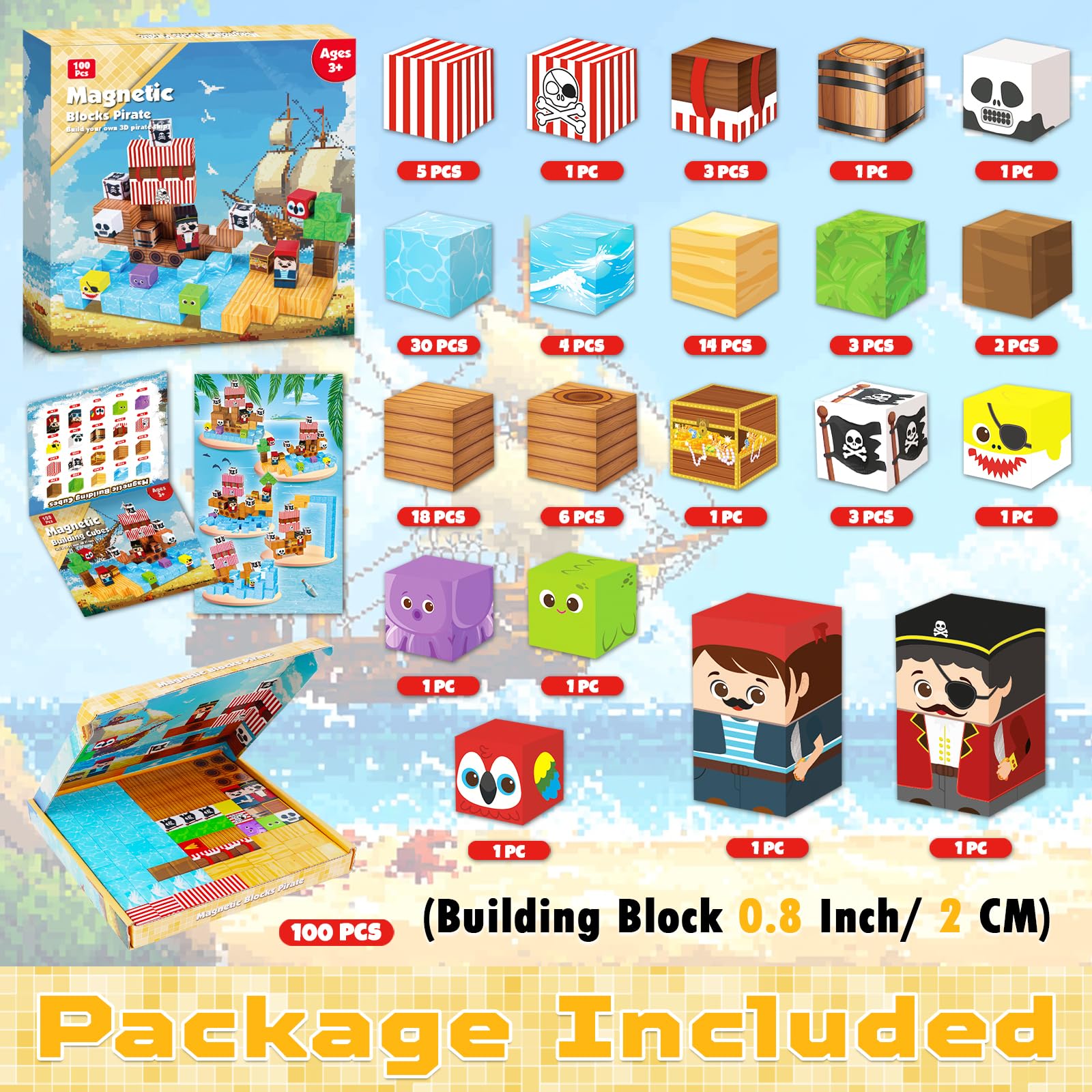 ToyUnited Magnetische Bausteine Magnetbausteine 100 Teile - Piratenschiff mit Schätzen | Abenteuer auf hoher See | Magnetic Building Blocks als Kreatives Kinderspielzeug Geschenk ab 4 Jahren 2