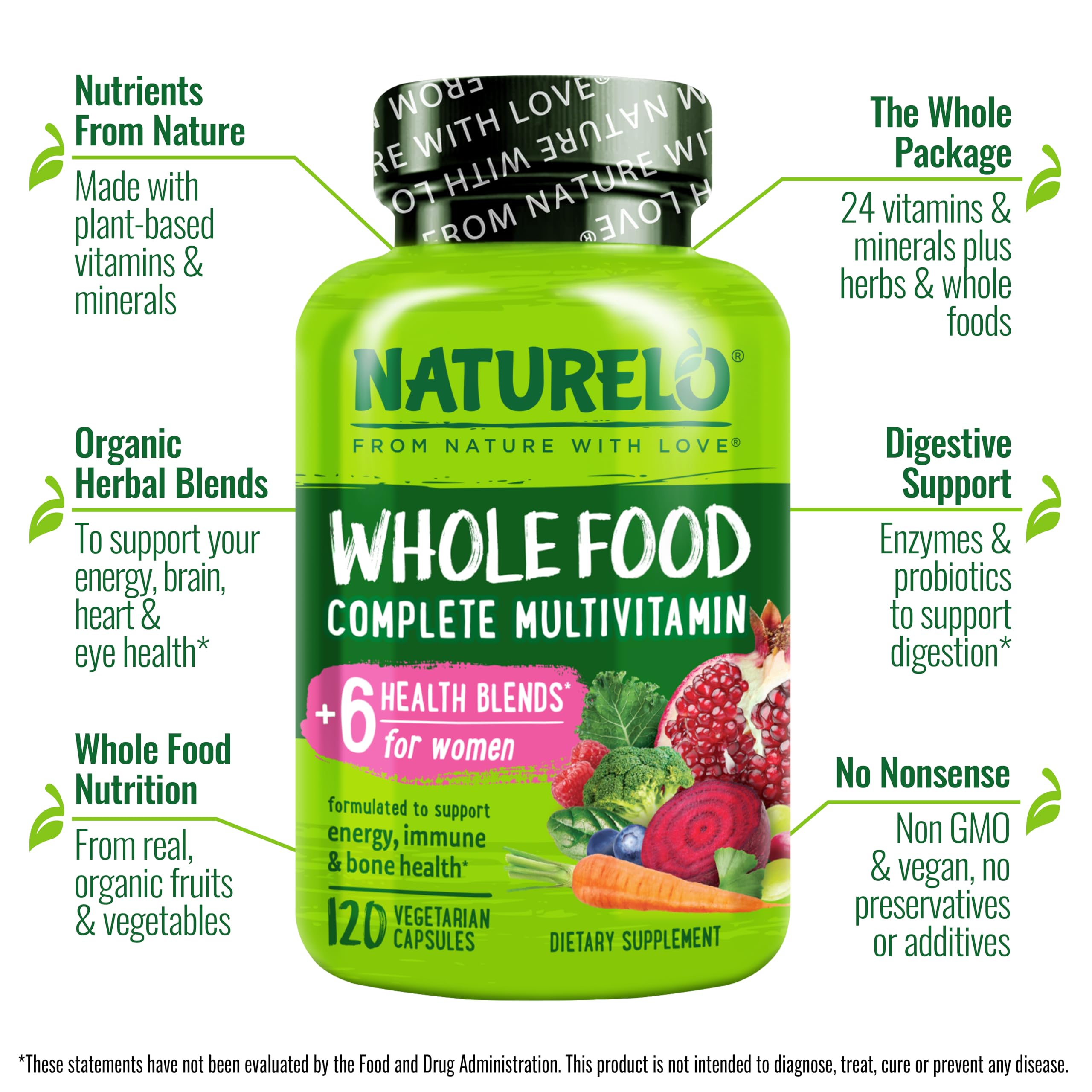 NATURELO Whole Food Multivitamin for Women - with Vitamins, Minerals, & Organic Extracts - Supplement for Energy and Heart Health - Non GMO - 120 Vegan Capsules