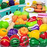 HOXBUR Pretend Play Kitchen Accessories for Kids, 77Pcs Cutting Fruits Vegetables Hamburger Toy Kitchen Accessories with Baskets for Toddlers 3 Years Old