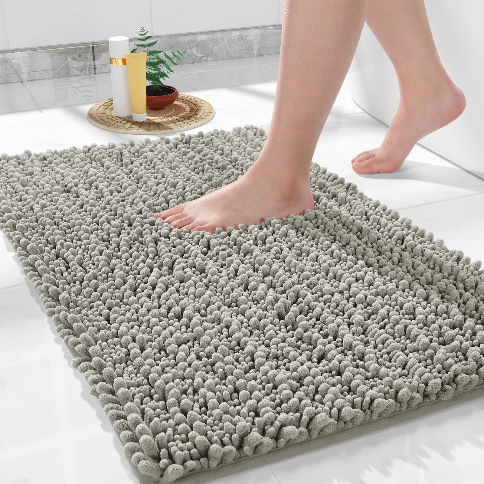 Photo 1 of Yimobra Bathroom Rugs Non Slip Washable 24x17 Inch - Ultra Soft Absorbent Chenille Bath Mat, Quick Dry Shaggy Floor Carpet for Tub Shower, Sand Home Decor Accessories