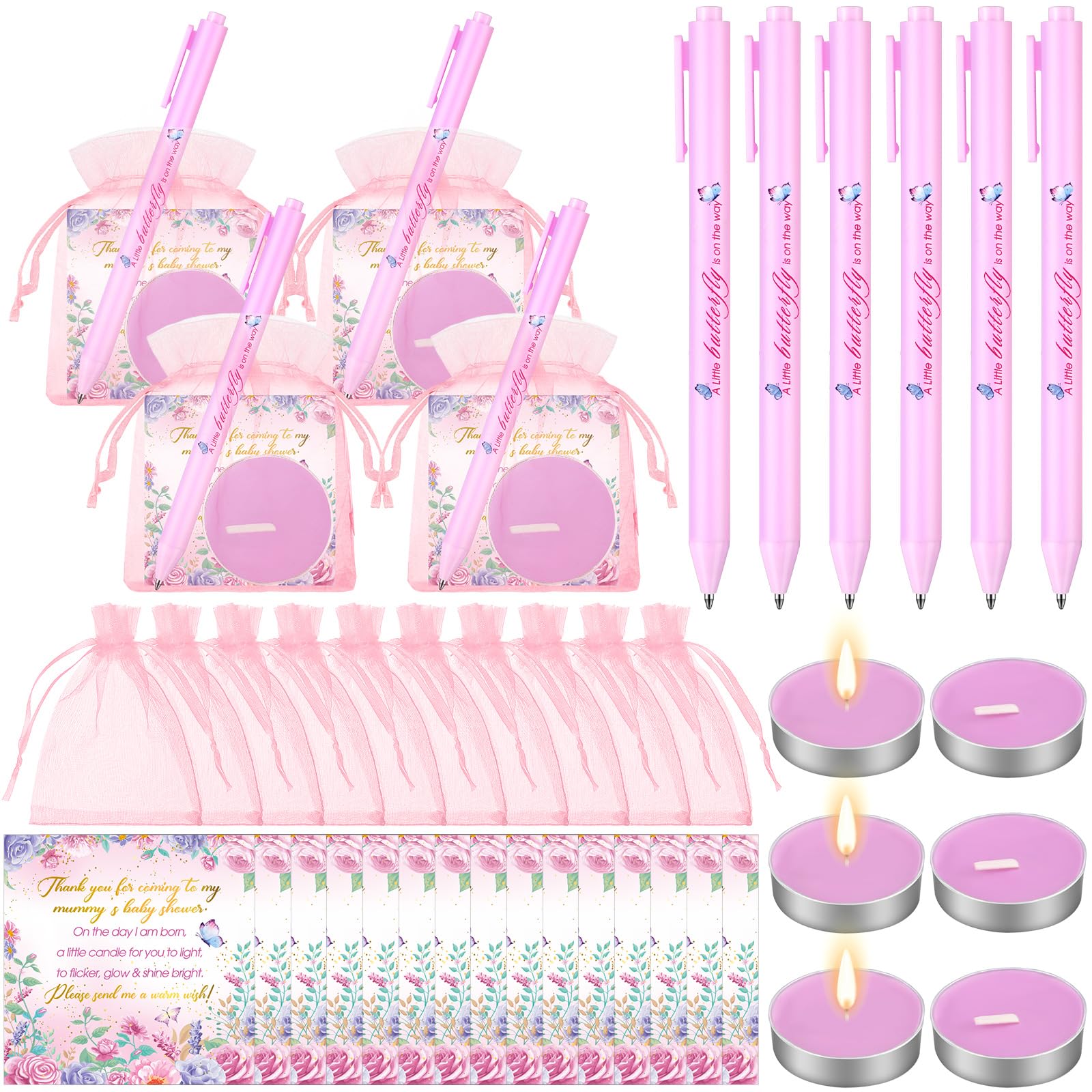 Photo 1 of Qilery 200 Pcs Sweet Strawberry Baby Shower Favors for Guests Includes Tea Light Candles Retractable Ballpoint Pen Gift Bags Thank Tags for Birthday Favors Supplies(Butterfly)