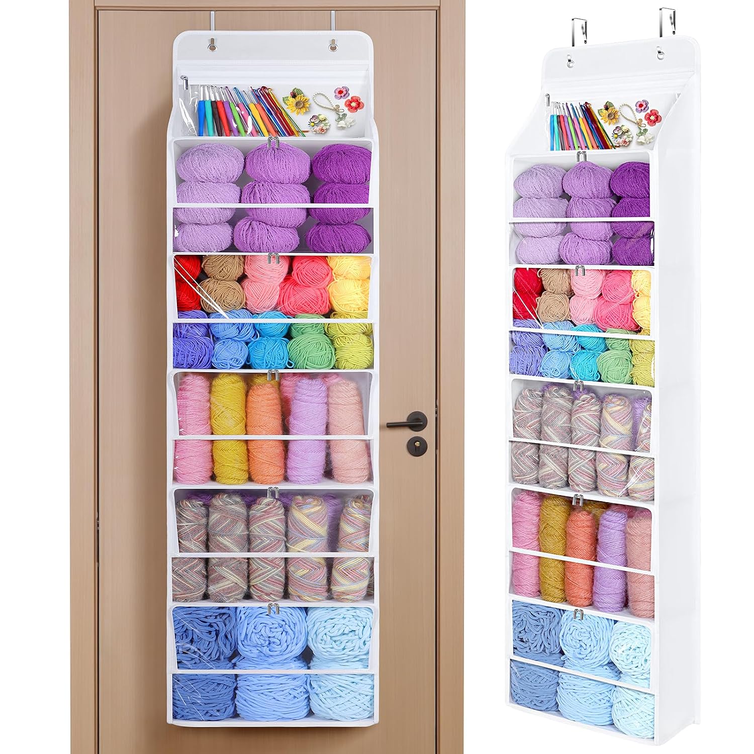 Univivi Hanging Yarn Storage Organizer, 6 Tiers Yarn Storage, Clear White | 6 Zipper Closure Compartments, Large Capacity, He