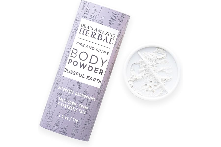 Ora’s Amazing Herbal Talc Free Body Powder for Women, Cornstarch Free Talcum Dusting, Grounding Relaxation Scent, Essential Oils Lavender, Vetiver, Clary Sage, Blissful Earth 2.5 oz