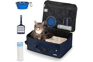 BECIVI Portable Cat Travel Litter Box with Lid and 10 Pcs Disposable Liner Bags, Leak-Proof & Collapsible, Easy Clean Odor-Control Cat Travel Essentials for Car, Hotel, Airplane, Camping,Trips Navy