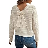 MakeMeChic Women's Bow Sweater Drop Shoulder Crew V Neck Fall Sweaters Pullover Tops